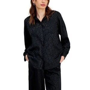 JM Collection Womens L Deep Black Satin Jacquard Collared Button Up Top NWT BN85